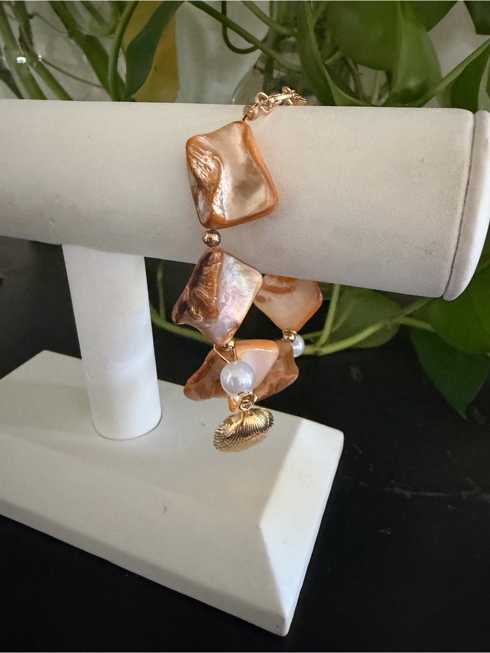 Vintage Gold-Tone Peach Shell & Pearl Charm Bracelet
